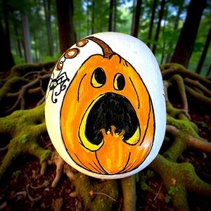 Hand crafted painted Halloween spider pumpkin jack o lantern rock orange black